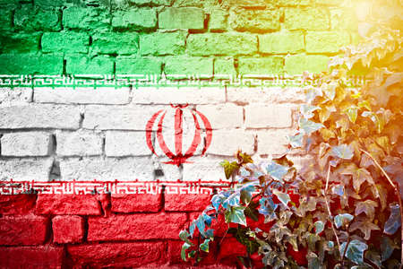 Iranian grunge flag on brick wall with ivy plant sun haze view, country symbol concept of Iranの写真素材