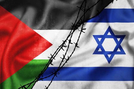Grunge flags of Palestine and Israel divided by barb wire illustration, concept of tense relations...