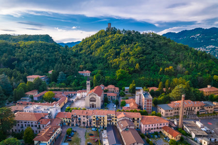 Town of Como and Baradello tower aerial view, Lombardy region of Italyの写真素材