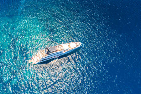 Superyacht aerial view on open sea, turquoise archipelago of Croatia, Hvar islandの写真素材