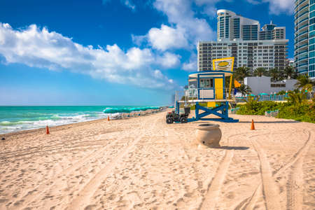 Turquoise sand ocean beach and waterfront in Hollywood, Florida view, United states of Americaのeditorial素材