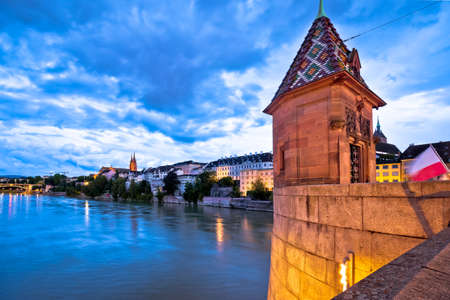 Basel middle bridge and historic architecture evening view, Switzerlandの写真素材