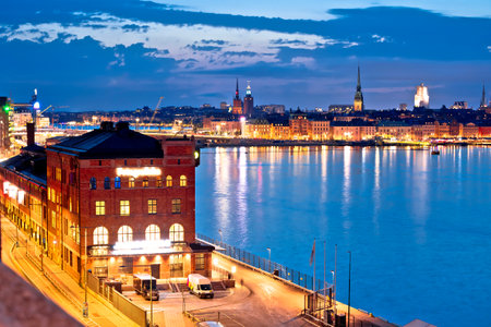 Stockholm scenic harbor and cityscape evening panorama, capital of Swedenの写真素材