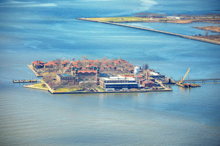 Ellis Island in New York City waterfront aerial view, United States of Americaの写真素材