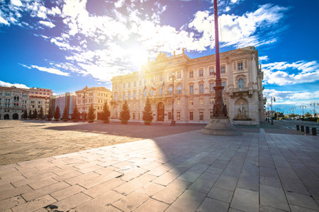 Piazza Unita d Italia square in city of Trieste sun haze view, Friuli Venezia Giulia region of Italyの写真素材