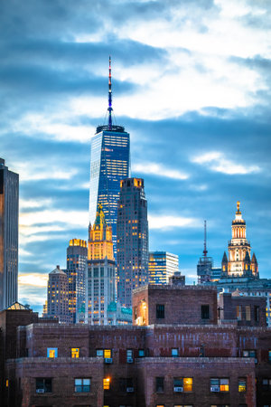 New York City downtown skyline architecture dusk view, United States of Americaのeditorial素材