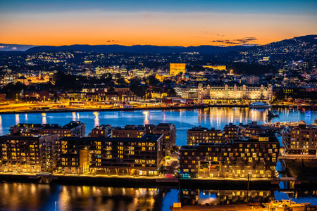 Oslo city center and waterfront golden dusk view from above, Kingdom of Norwayのeditorial素材
