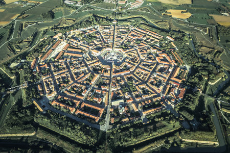 Star fort town of Palmanova aerial view, UNESCO world heritage site in Friuli Venezia Giulia region...