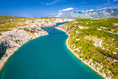 Bridges of Maslenica and Velebit mountain aerial view, Dalmatia region of Croatiaの写真素材
