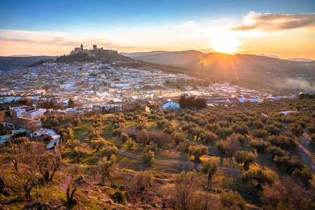 Scenic white village of Alcala la Real near Granada sunset view, Andalusia region of Spainの写真素材