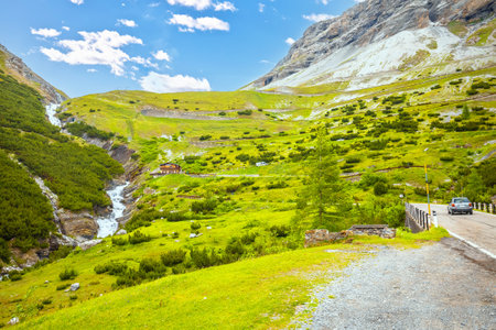 Stelvio mountain pass or Stilfser Joch scenic road view, border of Italy and Switzerlandの写真素材