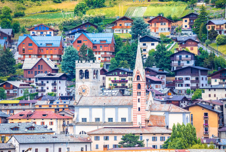Town of Bormio in Dolomites Alps towers view, Province of Sondrio, Lombardy, Italyの写真素材