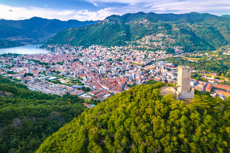 Town of Como and Baradello tower aerial view, Lombardy region of Italyの写真素材