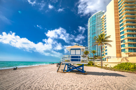 Turquoise sand ocean beach and waterfront in Hollywood, Florida view, United states of Americaのeditorial素材