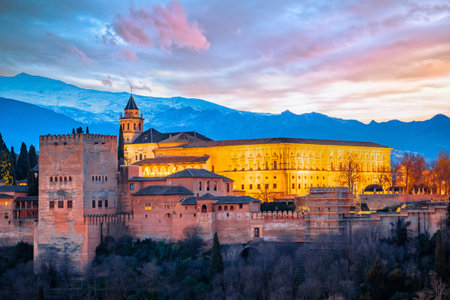 Ancient Alhambra sunrise view, UNESCO world heritage site in Granada, Andalusia region of Spainのeditorial素材
