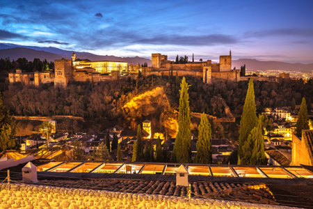 Ancient Alhambra sunrise view, UNESCO world heritage site in Granada, Andalusia region of Spainのeditorial素材