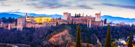 Panoramic view of historic Alhambra in city of Granada at dawn, Andalusia region of Spainのeditorial素材