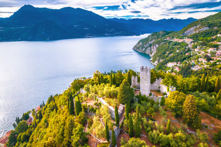 Castello di Vezio tower and Como lake aerial view, Lombardy region of Italyのeditorial素材