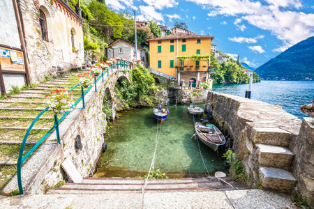 Town of Nesso waterfront and idyllic harbor  on Como Lake, Lombardy region of Italyのeditorial素材