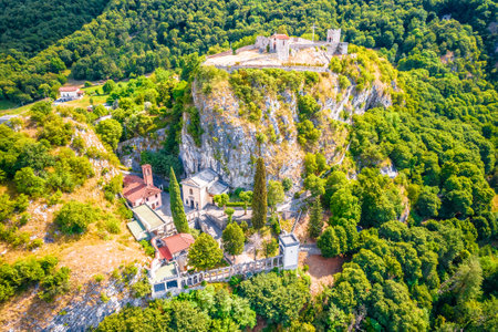 The Castle of the Unnamed (Castello dellâInnominato) above Vercurago, Lecco on Como Lake aerial view, Lombardy region of Italyのeditorial素材