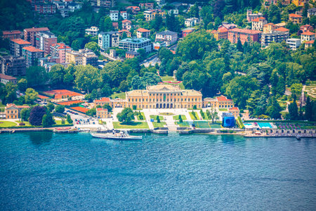 Town of Como waterfront villa aerial view, Como Lake, Lombardy region of Italyのeditorial素材