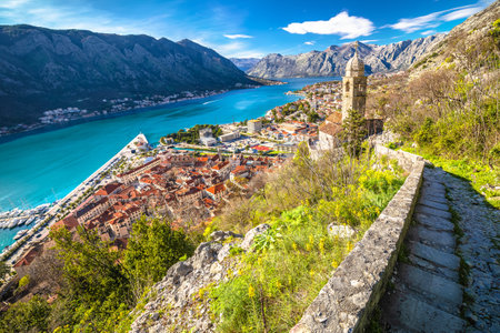Boka Kotorska and town of Kotor bay panoramic view from the hill, coastline of Montenegroの写真素材