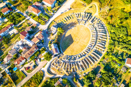 Ancient Salona or Solin amphitheater aerial view, Split region of Dalmatia, Croatiaの写真素材