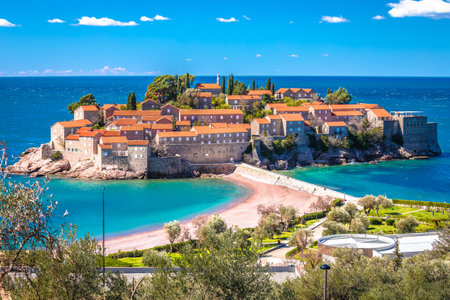 Sveti Stefan historic island village and beach view, archipelago of Montenegroのeditorial素材