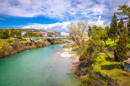 Podgorica Millenium and Moscow bridges over Moraca river view, capital of Montenegroのeditorial素材