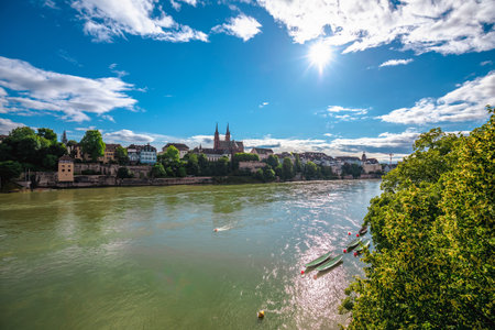 Rhine river in Basel view from the bridge, northwestern Switzerlandの写真素材