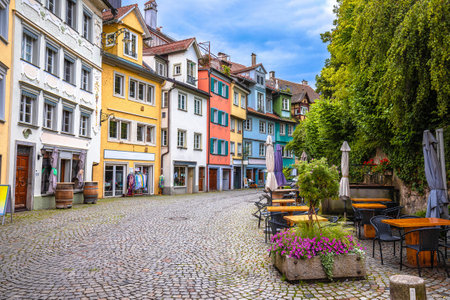 Old cobbled street in town of Lindau and colorful architecture view, Bodensee lake in Bavaria region of Germanyのeditorial素材