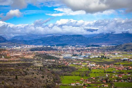 Panoramic view of Podgorica valley and surrounding mountains, capital of Montenegroのeditorial素材