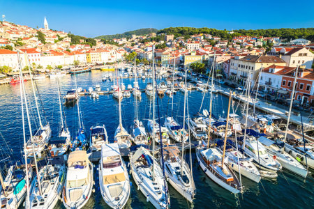 Mali Losinj sailing harbor aerial view, archipelago of Losinj in Croatiaのeditorial素材
