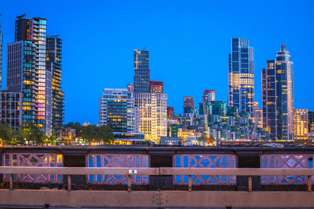 London modern riverfront skyline evening view, capital of United Kingdomのeditorial素材