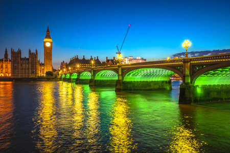Palace of Westminster and Big Ben sundown view from Thames river, capital of UK famous landmarkのeditorial素材