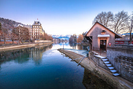 Town of Thun and Aare river winter view, Bern region of Switzerland