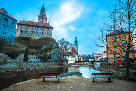 Cesky Krumlov scenic architecture and Vltava river dawn view,  South Bohemian Region of the Czech...
