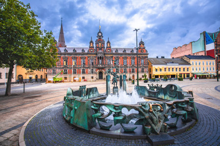 Platzbrunnen square in Malmo scenic view, south Sweden