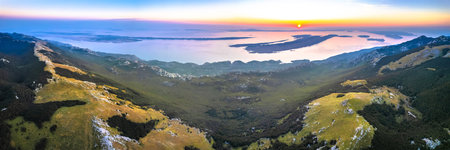 Panoramic view of Adriatic archipelago at sunset, view from Alan on Velebit mountain, Croatiaの写真素材