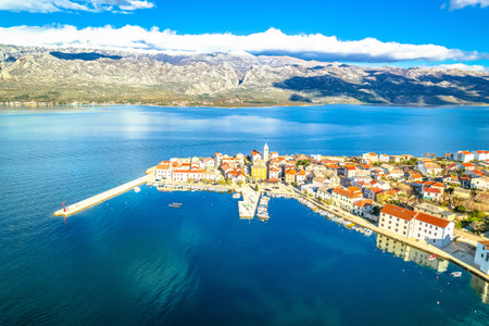 Town of Vinjerac in Velebit bay aerial view, Dalmatia archipelago of Croatiaの写真素材