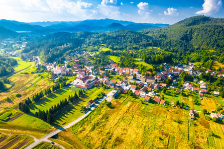 Idyllic town of Lokve in Gorski Kotar mountain region aerial view, landscapes of Croatiaの写真素材