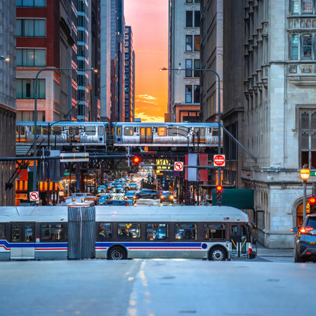 Chicago street rush sunset view, Illinois, USAの写真素材