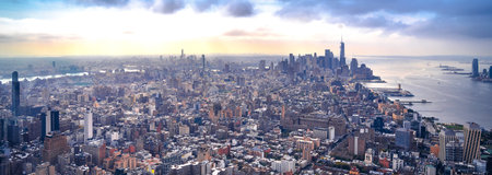 New York City skyline aerial panoramic sunset view, United States of Americaの写真素材
