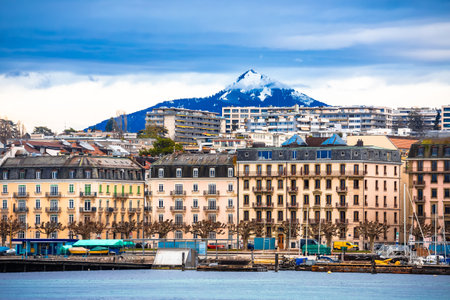 City of Geneva waterfront scenic view from Lac Leman , second largest city in Switzerlandの写真素材