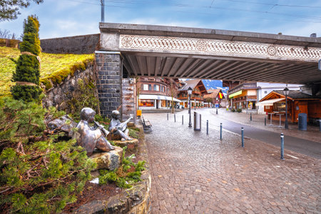 Idyllic Alpine village of Gstaad street view, luxury winter destination in Switzerlandの写真素材
