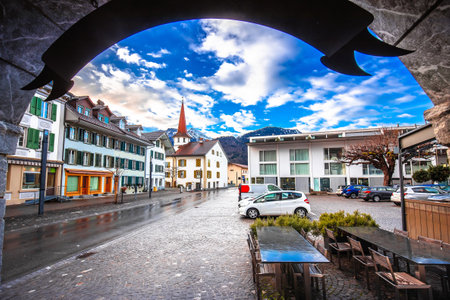 Town of Interlaken cobbled street view, Berner Oberland region of Switzerlandの写真素材