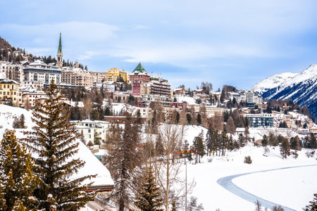 Town of Sankt Moritz luxury winter travel destination view, Graubunden region of Switzerlandの写真素材