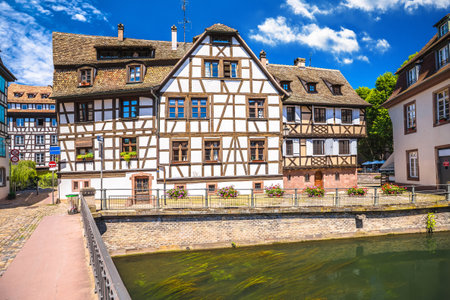 Strasbourg scenic canal and historic architecture view, Alsace region of Franceの写真素材