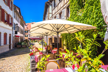 Town of Strasbourg colorful restaurant street historic architecture view, Alsace region of Franceの写真素材