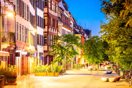 Town of Strasbourg street architecture evening view, Alsace region of Franceの写真素材